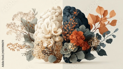 Mental health vector illustration with human brain and flowers in flat minimal design