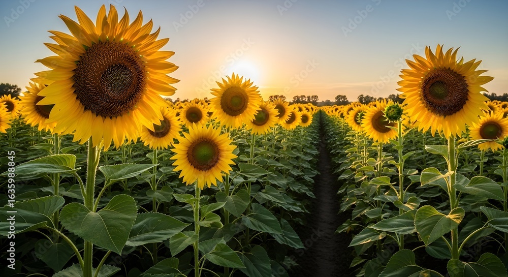 Fototapeta premium A vibrant field of sunflowers stretches towards the horizon as the sun sets in the distance