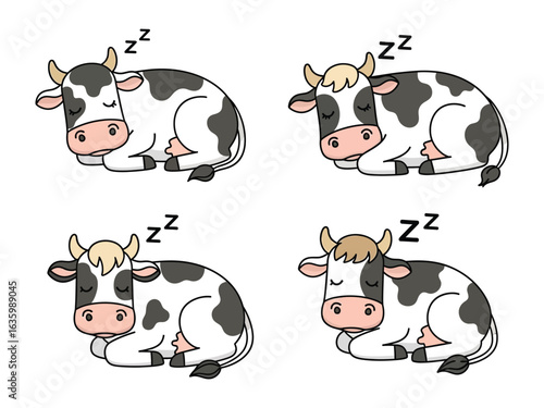 Sleeping Cows: Charming illustration features four contented cows napping peacefully. This endearing image perfectly captures a sense of tranquility and the gentle nature of these animals.