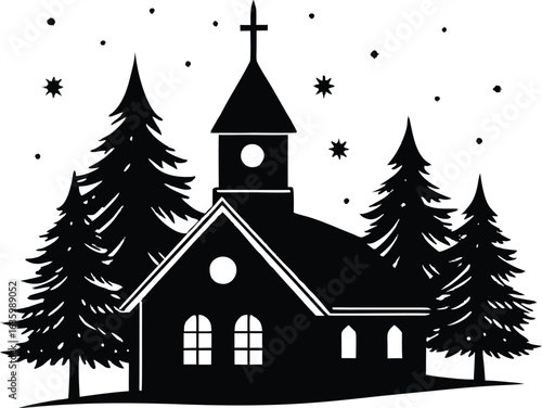 Christmas Eve Church Silhouette Vector Illustration for Clipart and Holiday Design