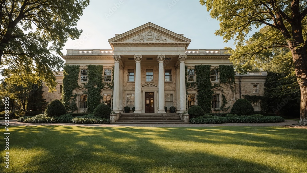 Naklejka premium Magnificent mansion estate with classical architecture lush green lawn and surrounding trees under a bright sunny sky