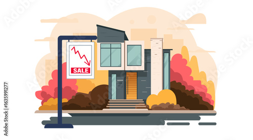 Modern house real estate price drop crisis concept home for sale with downward graph autumn background property market downturn banner
