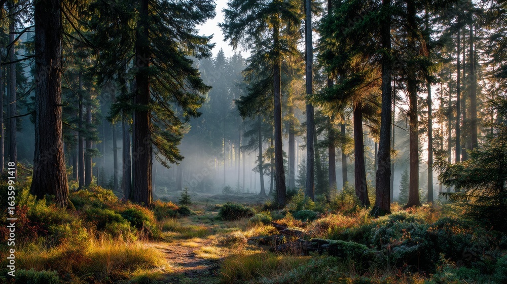 Fototapeta premium Sunlight filtering through trees in a misty forest landscape