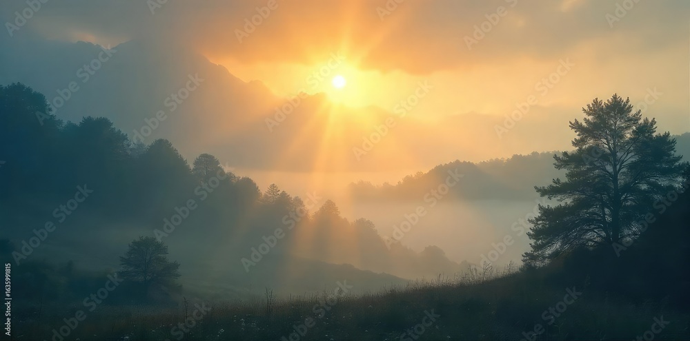 Fototapeta premium Ethereal Sunbeams Piercing Fog Magical Golden Light Illuminates a Surreal Landscape