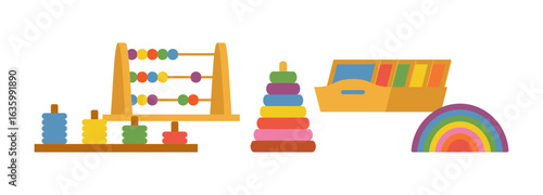 Wooden Montessori toys for toddlers, including stacking rings, abacus, rainbow toy, color sorting, and activity tray. Simple illustration, stock flat vector, isolated.