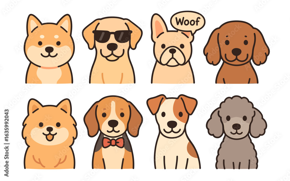 Fototapeta premium Set of eight cartoon dog portraits with different breeds and accessories on white background. Flat vector illustration in kawaii style. Dog breed icon collection.