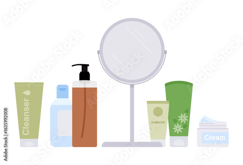Bathroom vanity with skincare products and mirror. Bottles and tubes of cleanser, toner, lotion, cream, and face wash. Simple illustration, stock flat vector, isolated.