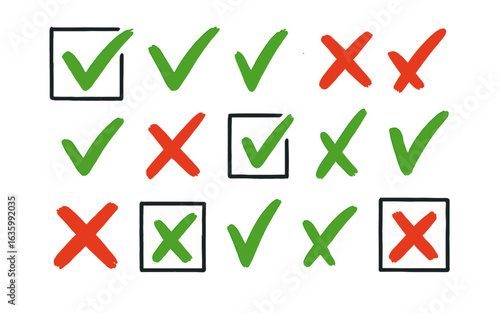 Hand-drawn green check marks and red crosses in grid layout with black outlined checkboxes on white background. Decision making and voting concept illustration.