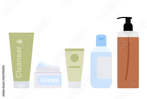 Skincare products in cosmetic containers. Cleanser, cream, toner, lotion, and moisturizer in tubes, bottles, and jar. Simple illustration, stock flat vector, isolated.