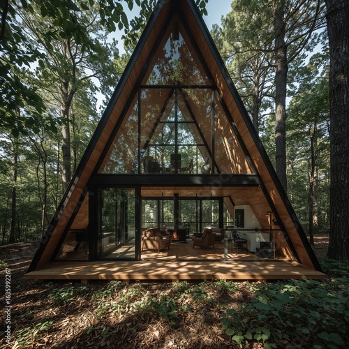Modern a frame cabin nestled in lush forest surrounded by towering trees and natural light