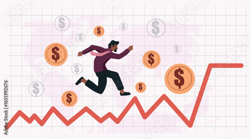 Businessman financial crisis recession downturn graph jumping over falling chart background coins world map
