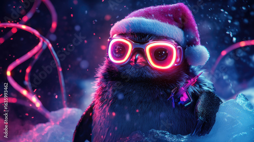 A small penguin wearing a Santa hat and neon glasses stands on a snowy surface. The background features colorful lights, creating a festive cyberpunk atmosphere.