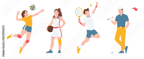Diverse group of athletes playing different sports, volleyball, basketball, tennis, and golf concept illustration