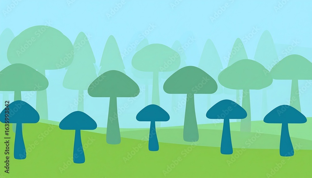 Fototapeta premium Simple stylized forest scene with mushrooms and trees.