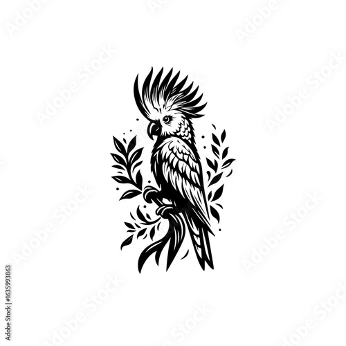 Illustration of a cockatoo bird perched on a branch, isolated on white background