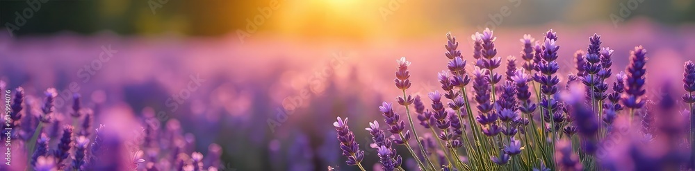 Obraz premium Vast field of purple lavender flowers swaying gently in the breeze, bathed in golden sunlight A picturesque summer scene perfect for relaxation and tranquility , golden hour, clouds