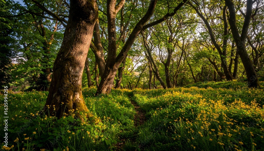 Fototapeta premium Sunlight streams through a woodland path filled with wildflowers