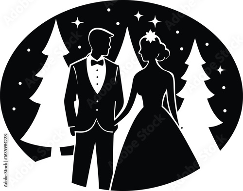 Holiday couple silhouette vector, romantic vacation clipart, couple travel illustration design