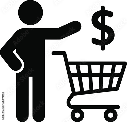 Black silhouette of a person with a shopping cart and dollar sign money finance