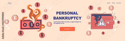Personal bankruptcy financial crisis burning dollar cracked wallet warning coins digital background website banner