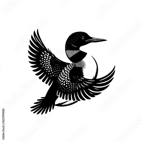 Black and white silhouette of a loon flying, isolated on white background
