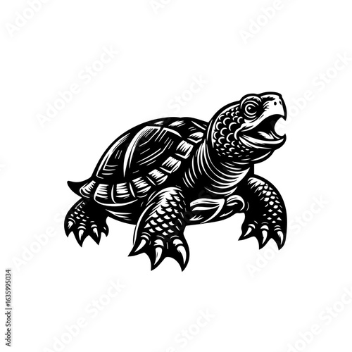A black and white drawing of a turtle isolated on white background