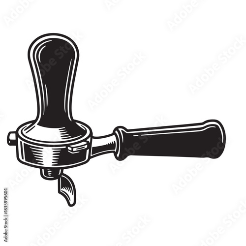Detailed black and white illustration of an espresso machine portafilter vector design