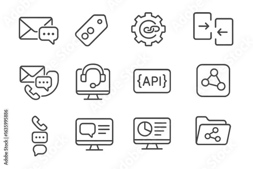 Support Integration Icons. Line style icons of support channel integration: unified inbox icon, omnichannel tag, CRM integration