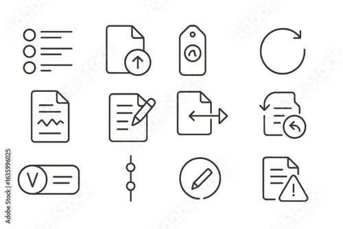 Version Control Icons. Line style icons of version control: version list icon, file revision badge, update history tag, revert
