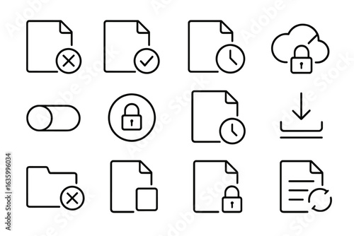 Offline Access Icons. Line style icons of offline file access: offline file symbol, local copy badge, sync later tag, cloud off