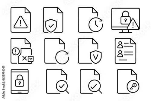 Data Security Icons. Line style icons of data loss prevention: warning file badge, protected file icon, auto-save tag,
