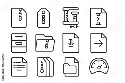 File Compression Icons. Line style icons of file compression: zip file icon, compress button tag, extraction tool badge, file