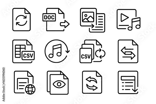 File Conversion Icons. Line style icons of file conversion tools: convert file format icon, DOC to PDF badge, image to text OCR,