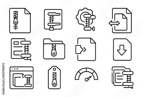 File Compression Icons. Line style icons of file compression: zip file icon, compress button tag, extraction tool badge, file
