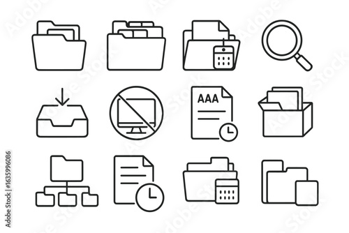 Organized Digital Workspace. Line style icons of file organization habits: folder by project, color-coded files, archive once a