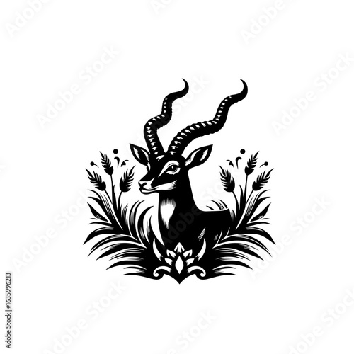 Gazelle head with horns and plants logo isolated on white background