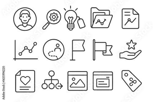 Startup Story Icons. Line style icons of startup storytelling: founder story icon, problem origin symbol, breakthrough moment tag,