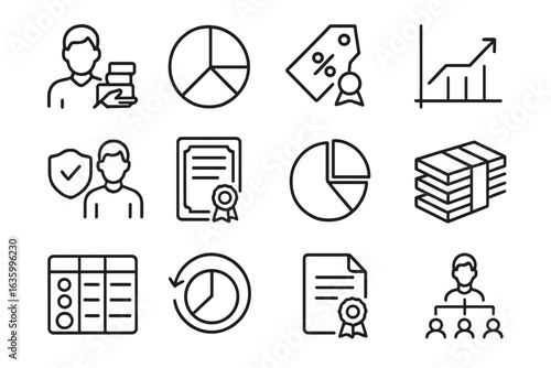 Startup Equity Icons. Line style icons of startup equity: founder shares icon, equity split chart, option pool tag, employee