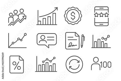 Business Metrics Icons. Line style icons of traction proof: user count growth, sales milestone chart, monthly revenue badge, app