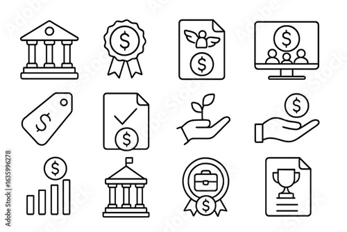 Startup Funding Icons. Line style icons of startup funding sources: bank loan icon, VC fund badge, angel capital file,