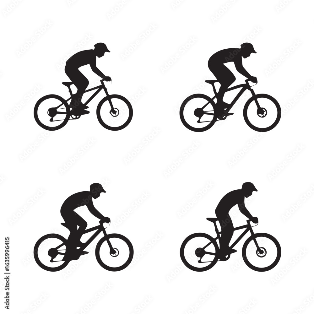 Fototapeta premium Cyclist Icon Pack – Mountain Biking Symbols and Bicycle Silhouettes for Sport Logos