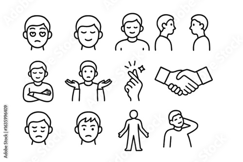Non-Verbal Icons. Line style icons of non-verbal communication: eye roll, nodding, shrugging, eye contact, crossed arms, open