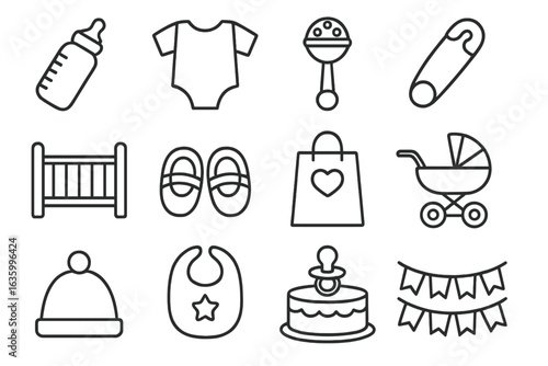 Baby Shower Icons. Line style icons of baby shower: baby bottle, onesie icon, rattle toy, diaper pin, crib icon, baby shoes, gift