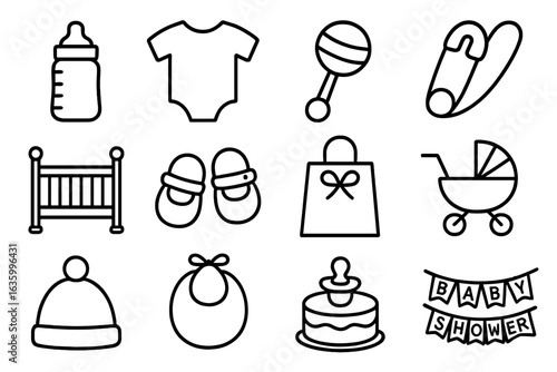 Baby Shower Icons. Line style icons of baby shower: baby bottle, onesie icon, rattle toy, diaper pin, crib icon, baby shoes, gift