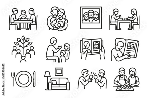 Family Gathering Icons. Line style icons of family gathering: shared meal, hugging family, group photo, games on table, family