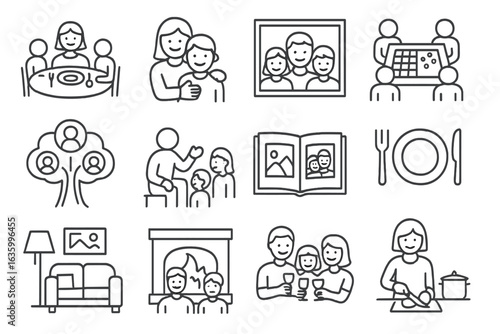 Family Gathering Icons. Line style icons of family gathering: shared meal, hugging family, group photo, games on table, family
