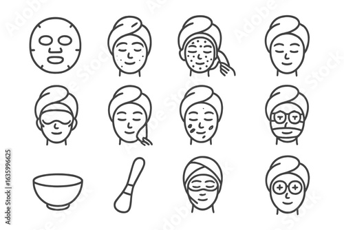 Face Mask Icons. Line style icons of face masks: sheet mask, clay mask, bubble mask, peel-off mask, sleeping mask, gel mask, mud