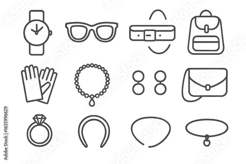 Fashion Accessory Icons. Line style icons of fashion accessories: wristwatch icon, sunglasses, leather belt, clutch bag, backpack,