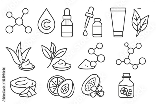 Cosmetic Ingredient Icons. Line style icons of cosmetic ingredients: hyaluronic acid, vitamin C drop, retinol icon, salicylic acid