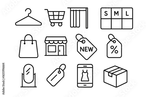 Fashion Shopping Icons. Line style icons of fashion shopping: clothes hanger icon, online cart, dressing room, size chart icon,